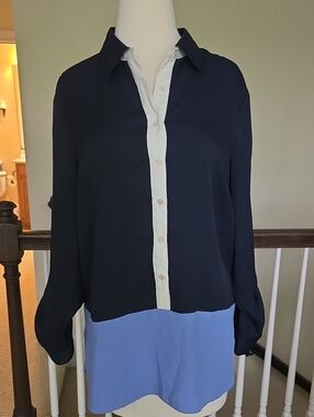 Talbots Navy, Light Blue and Ivory Colorblock Button-Down Blouse